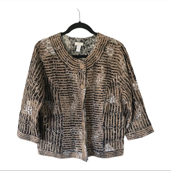Art To Wear Chico's Jacket L Women Jungle Print Duble Button Bohomein Excellent - Picture 1 of 14